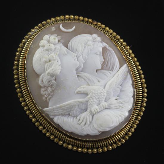 A Victorian gold mounted oval cameo brooch, 69mm.